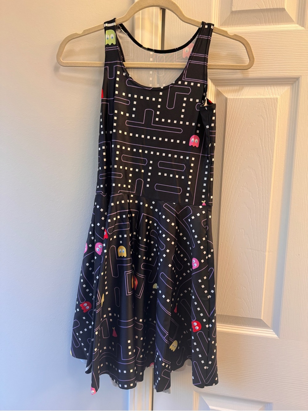 NWOT Black Pac-Man Maze Skater Dress with Colorful Ghosts